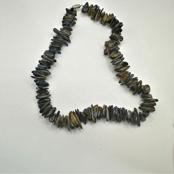 Vintage Chunky Tiger's Eye Dog Tumbled Stone Necklace 14.5" Choker Brown Green - Picture 8 of 8